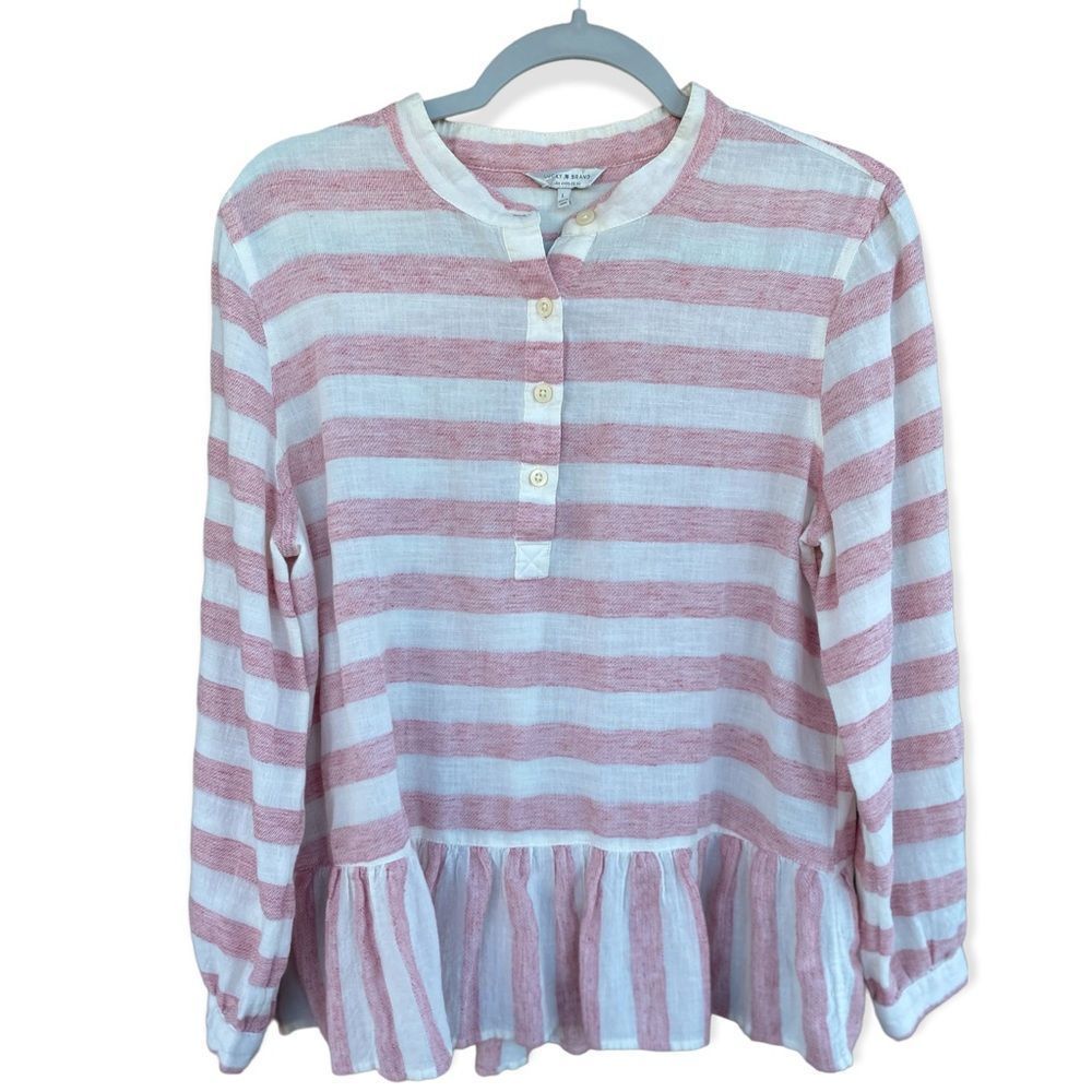 LUCKY BRAND Popover  Womens Stripes Ivory Pink Peplum Long Sleeve Blouse Sz L